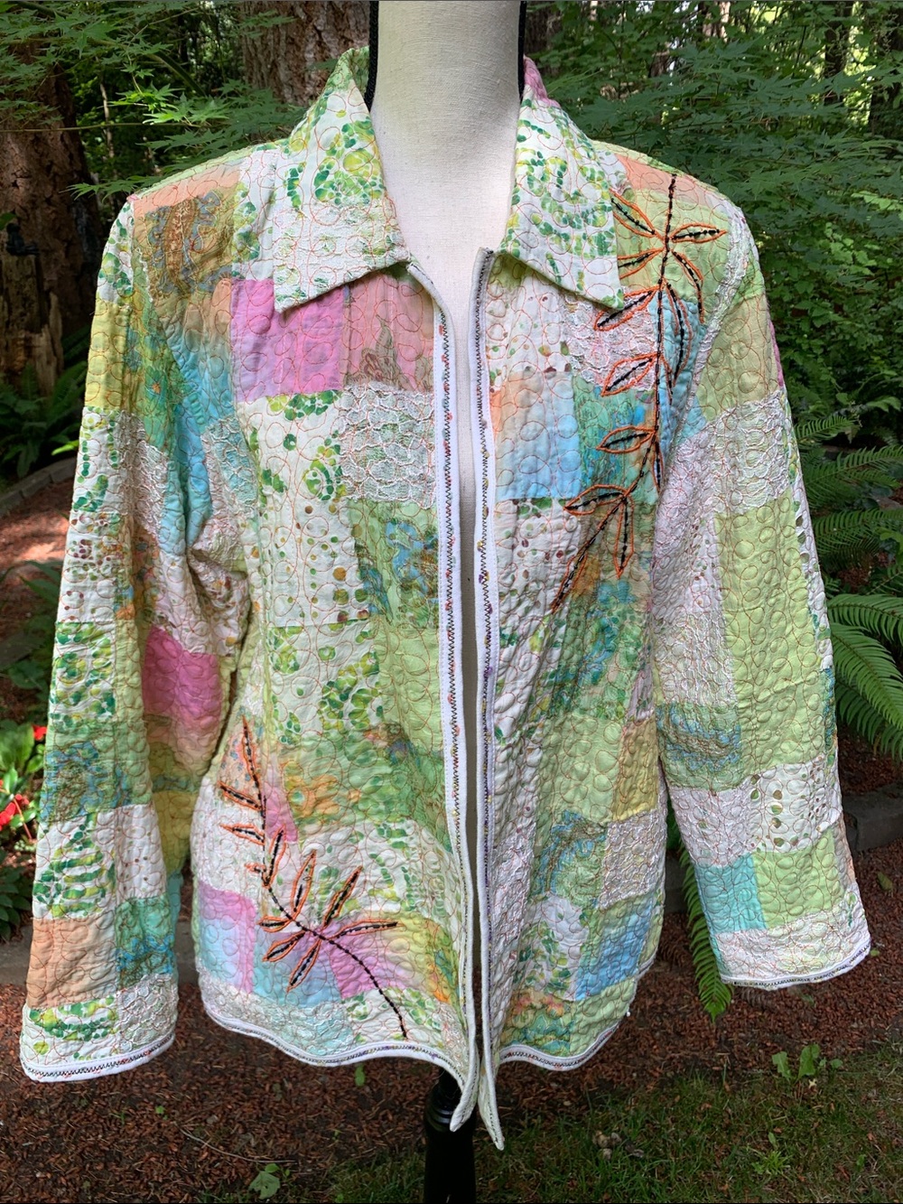 YaKMagic Pastel Patchwork Quilted Jacket with Embroidery and Bead Embellishment